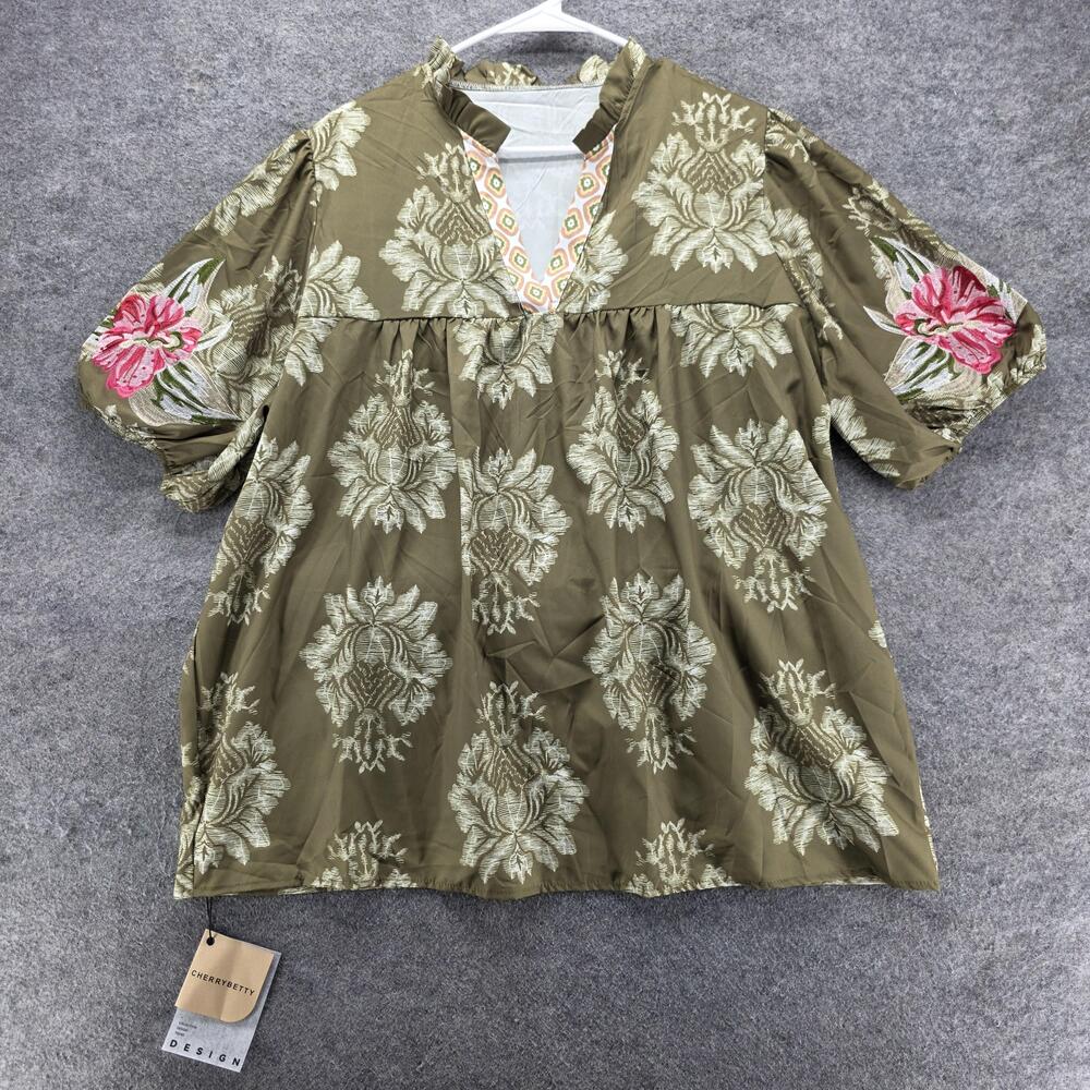 CHERRYBETTY Blouse Tunic Womens 3XL Green Floral Kimono Sleeve V-Neck Boho